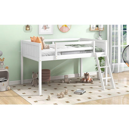 Twin Size Wood Low Loft Bed with Ladder, ladder can be placed on the left or right, White