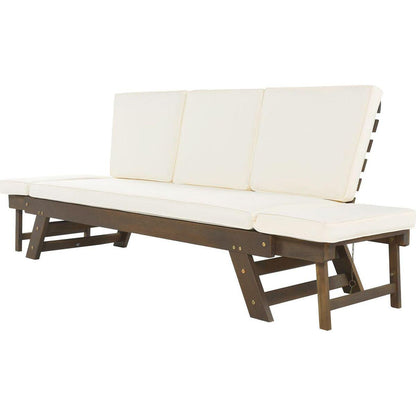 Outdoor Adjustable Patio Wooden Daybed Sofa Chaise Lounge with Cushions for Small Places, Brown Finish+Beige Cushion