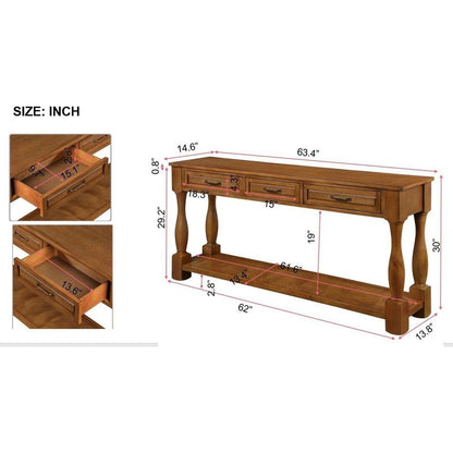63inch Long Wood Console Table with 3 Drawers and 1 Bottom Shelf for Entryway Hallway Easy Assembly Extra-thick Sofa Table(Brown)