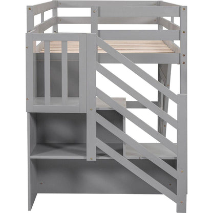 Twin Size Loft Bed with Storage Staircase and Window, Gray
