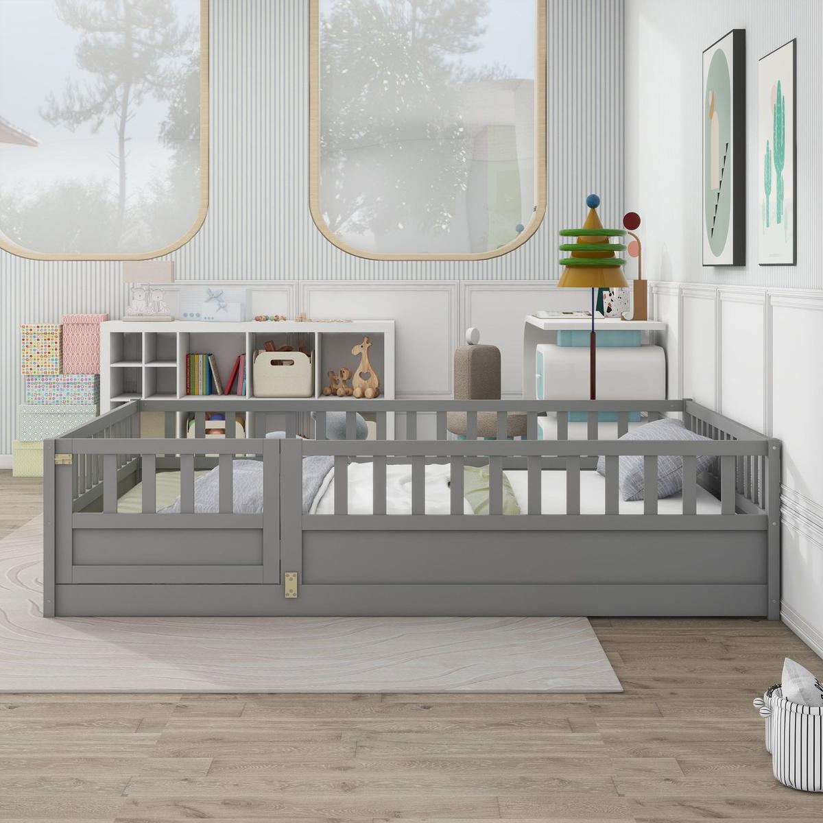 Full size Floor bed, integral construction with super high security barrier, door, children's floor bed frame, Montessori wooden children's floor bed, Grey