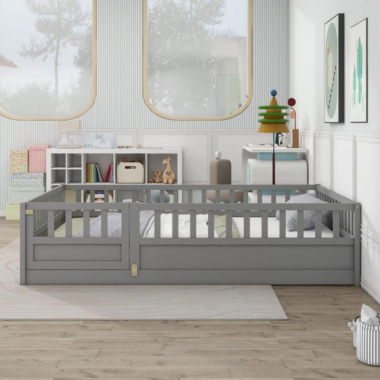 Full size Floor bed, integral construction with super high security barrier, door, children's floor bed frame, Montessori wooden children's floor bed, Grey
