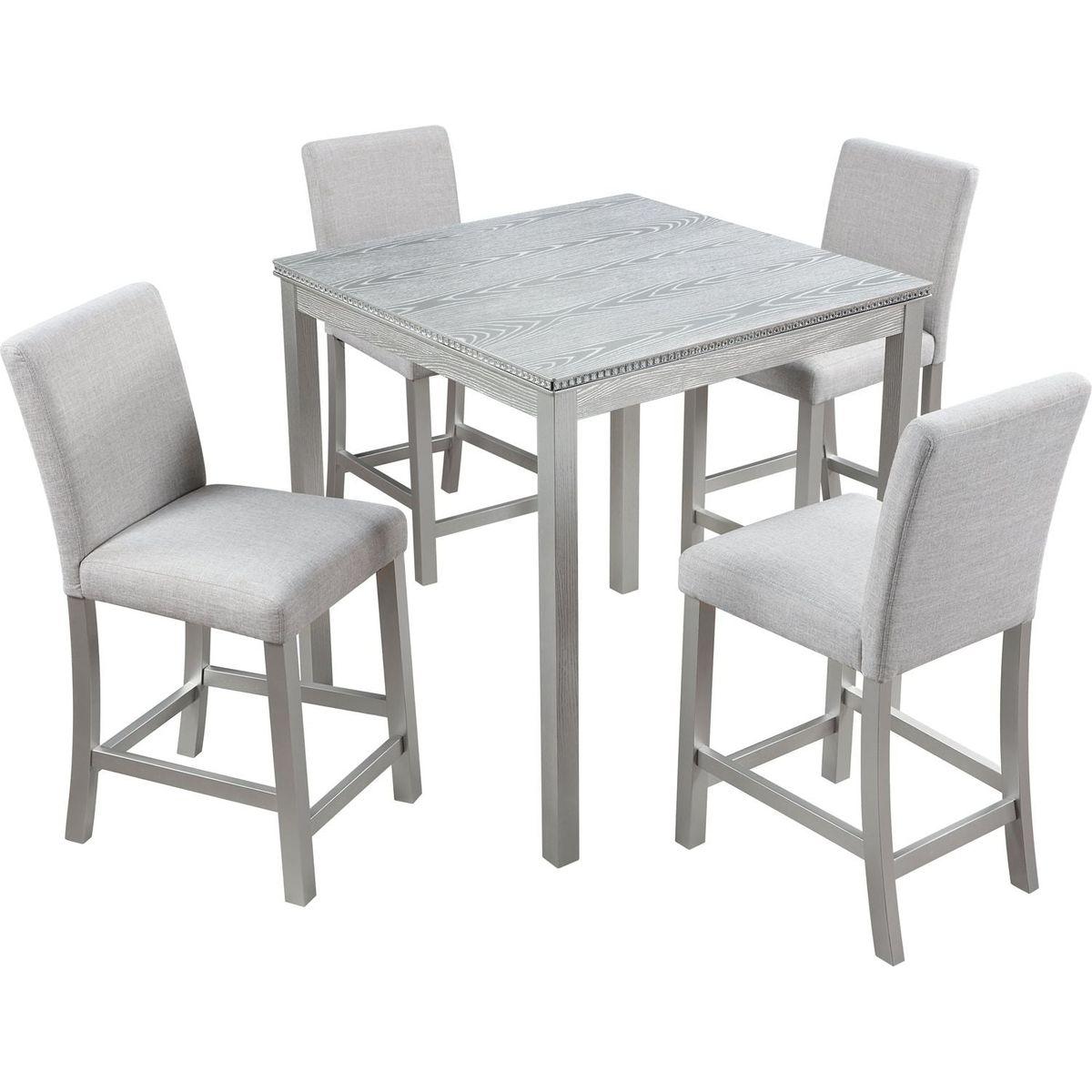 5 Piece Counter Height Table Set, Wooden Kitchen Table Set with Square Table and 4 Upholstered Chairs, Counter Height Dining Table with Crystal Decoration and Chair Set for Kitchen, Dining Room,Gray