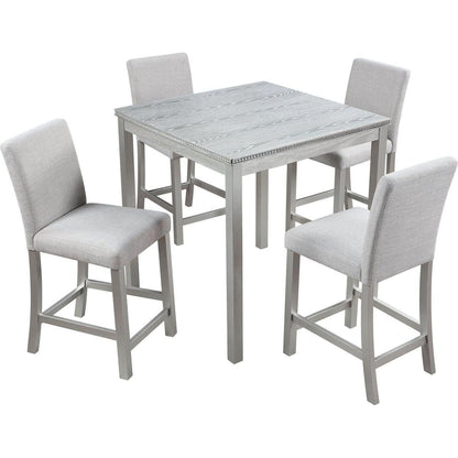 5 Piece Counter Height Table Set, Wooden Kitchen Table Set with Square Table and 4 Upholstered Chairs, Counter Height Dining Table with Crystal Decoration and Chair Set for Kitchen, Dining Room,Gray