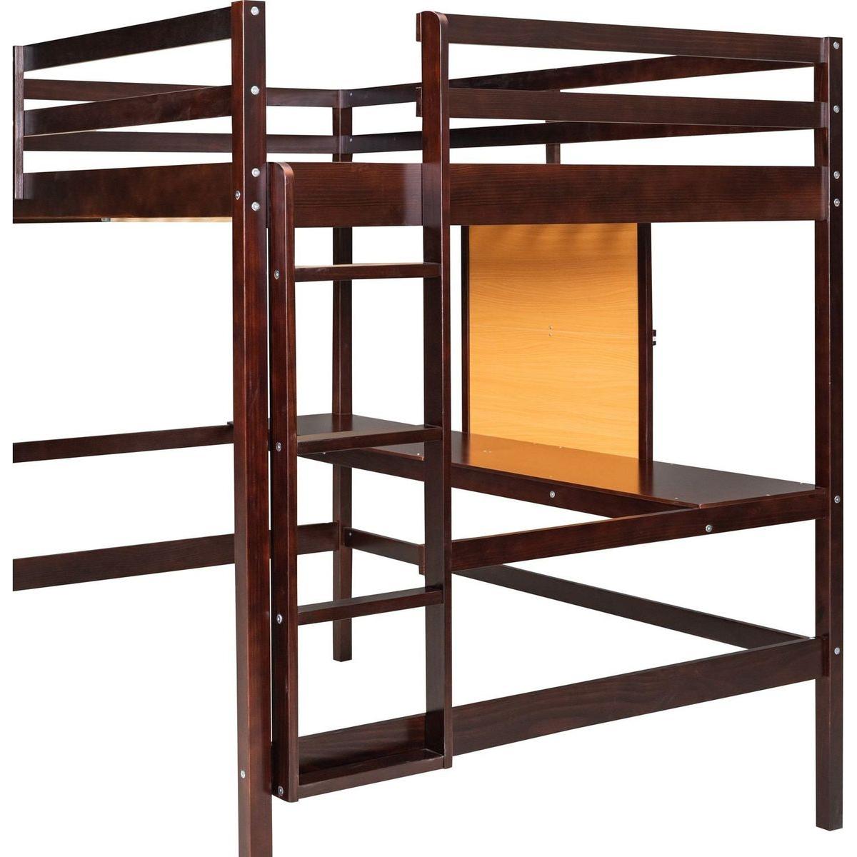 Twin size Loft Bed with Desk and Writing Board, Wooden Loft Bed with Desk & 2 Drawers Cabinet- Espresso