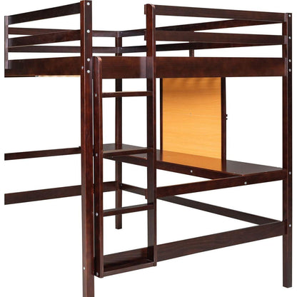 Twin size Loft Bed with Desk and Writing Board, Wooden Loft Bed with Desk & 2 Drawers Cabinet- Espresso