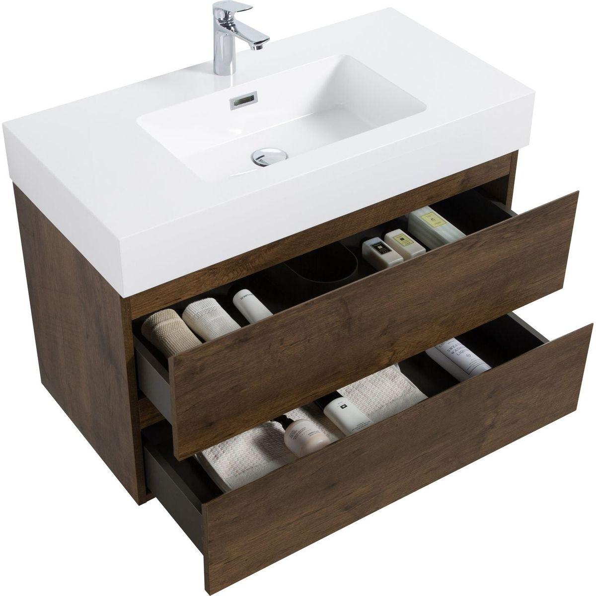 Alice 36" Walnut Bathroom Vanity with Sink, Large Storage Wall Mounted Floating Bathroom Vanity for Modern Bathroom, One-Piece White Sink Basin without Drain and Faucet