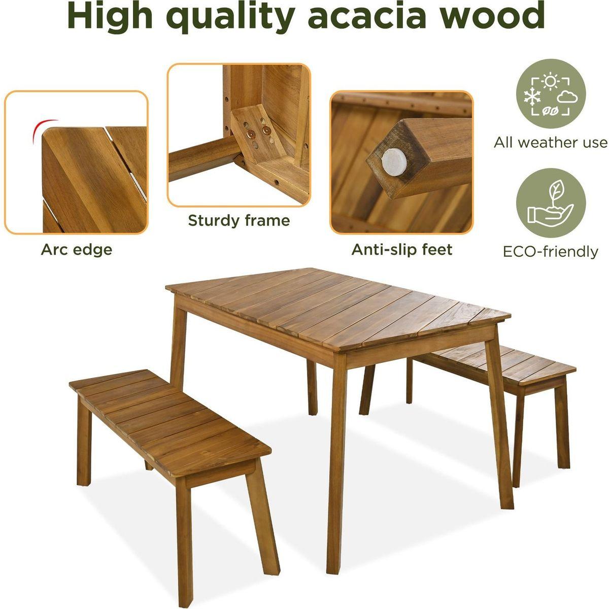 GO 3 Pieces Acacia Wood Table Bench Dining Set For Outdoor & Indoor Furniture With 2 Benches, Picnic Beer Table for Patio, Porch, Garden, Poolside, Natural