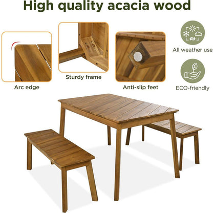 GO 3 Pieces Acacia Wood Table Bench Dining Set For Outdoor & Indoor Furniture With 2 Benches, Picnic Beer Table for Patio, Porch, Garden, Poolside, Natural