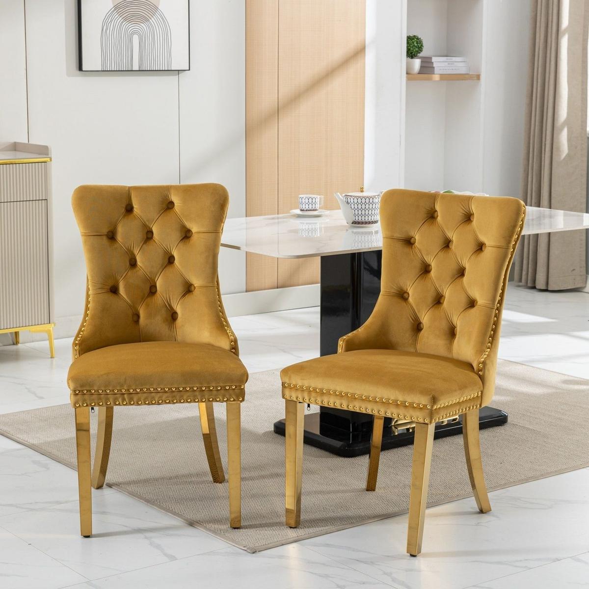 Nikki Collection Modern, High-end Tufted Solid Wood Contemporary Velvet Upholstered Dining Chair with Golden Stainless Steel Plating Legs,Nailhead Trim,Set of 2,Gold