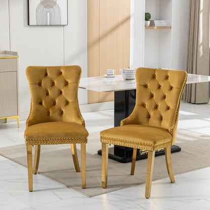 Nikki Collection Modern, High-end Tufted Solid Wood Contemporary Velvet Upholstered Dining Chair with Golden Stainless Steel Plating Legs,Nailhead Trim,Set of 2,Gold