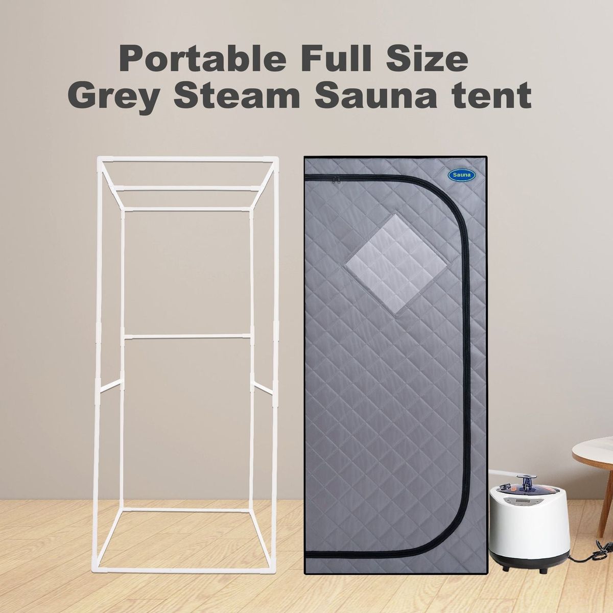 Full Size Portable Grey Steam Sauna tent"ersonal Home Spa, with Steam Generator, Remote Control, Foldable Chair, Timer and PVC Pipe Connector Easy to Install.Fast heating, with FCC Certification