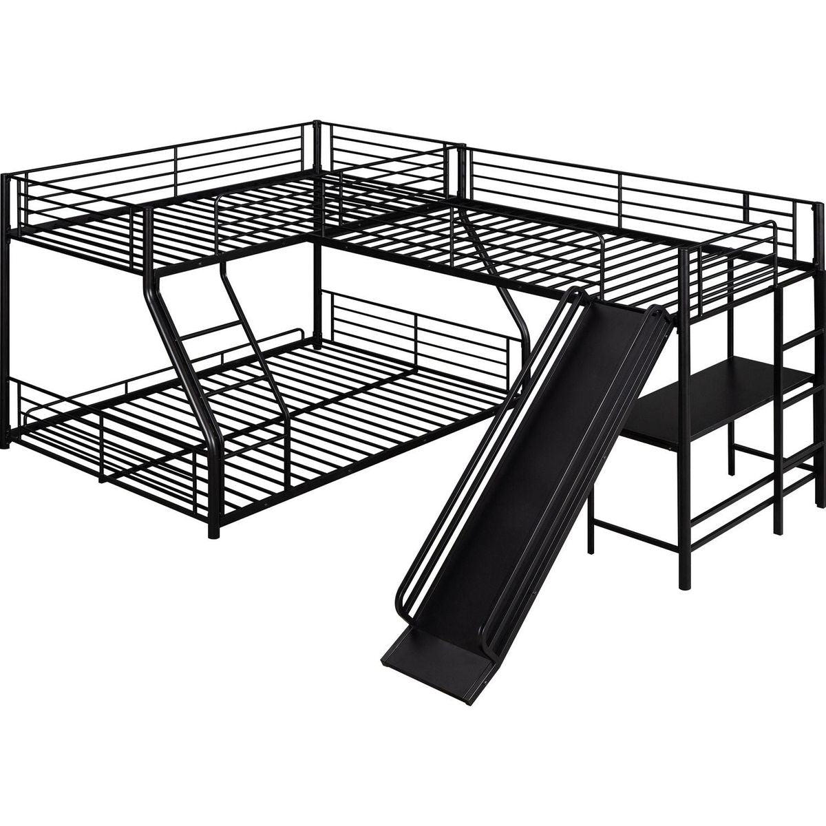L-Shaped Twin over Full Bunk Bed with Twin Size Loft Bed,Built-in Desk and Slide,Black