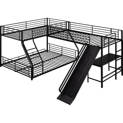 L-Shaped Twin over Full Bunk Bed with Twin Size Loft Bed,Built-in Desk and Slide,Black