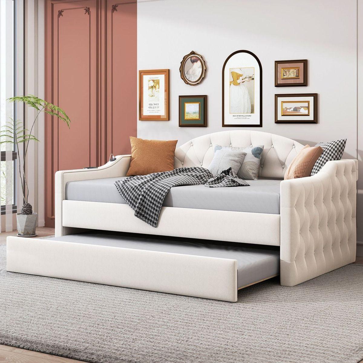 Twin Size Tufted Upholstered Daybed with Trundle, Velvet Sofabed with USB&Type-C Charging Ports,No Box-spring Needed, Beige