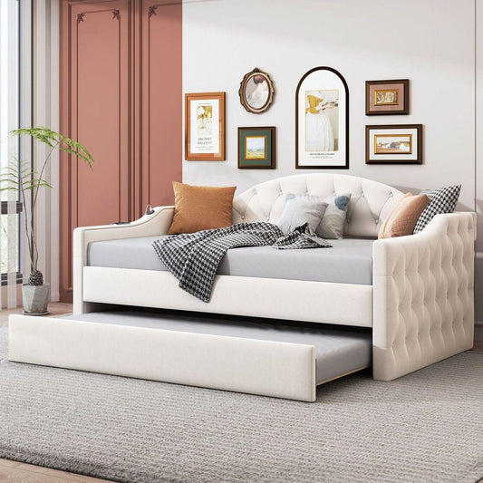 Twin Size Tufted Upholstered Daybed with Trundle, Velvet Sofabed with USB&Type-C Charging Ports,No Box-spring Needed, Beige