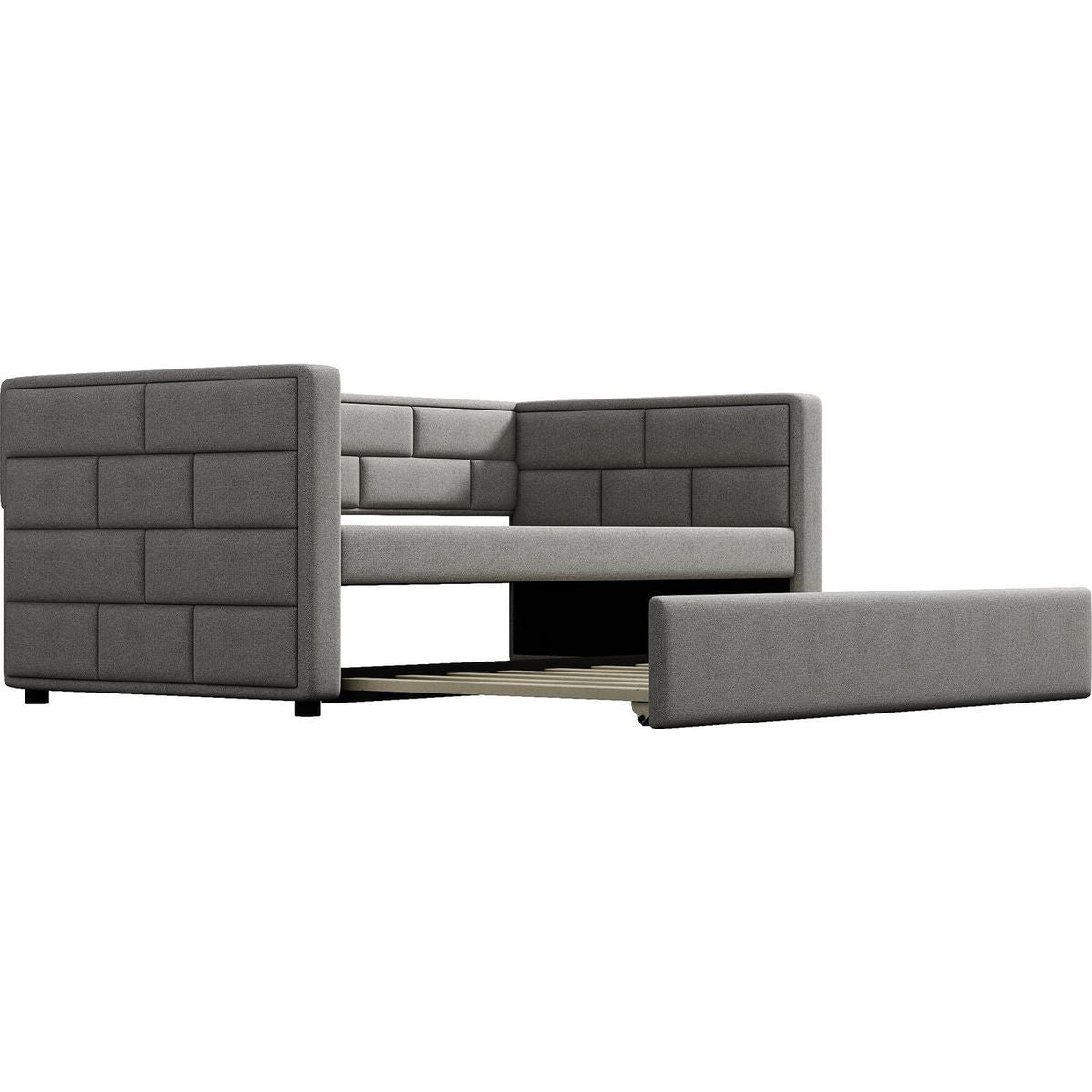 Twin Size Daybed with Trundle, Upholstered Daybed with Padded Back, Gray