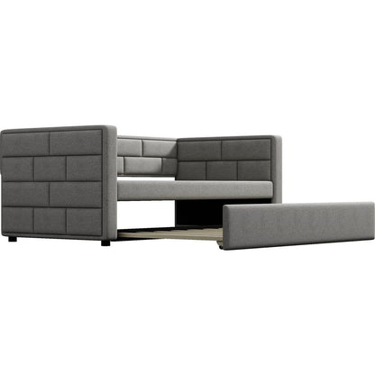 Twin Size Daybed with Trundle, Upholstered Daybed with Padded Back, Gray