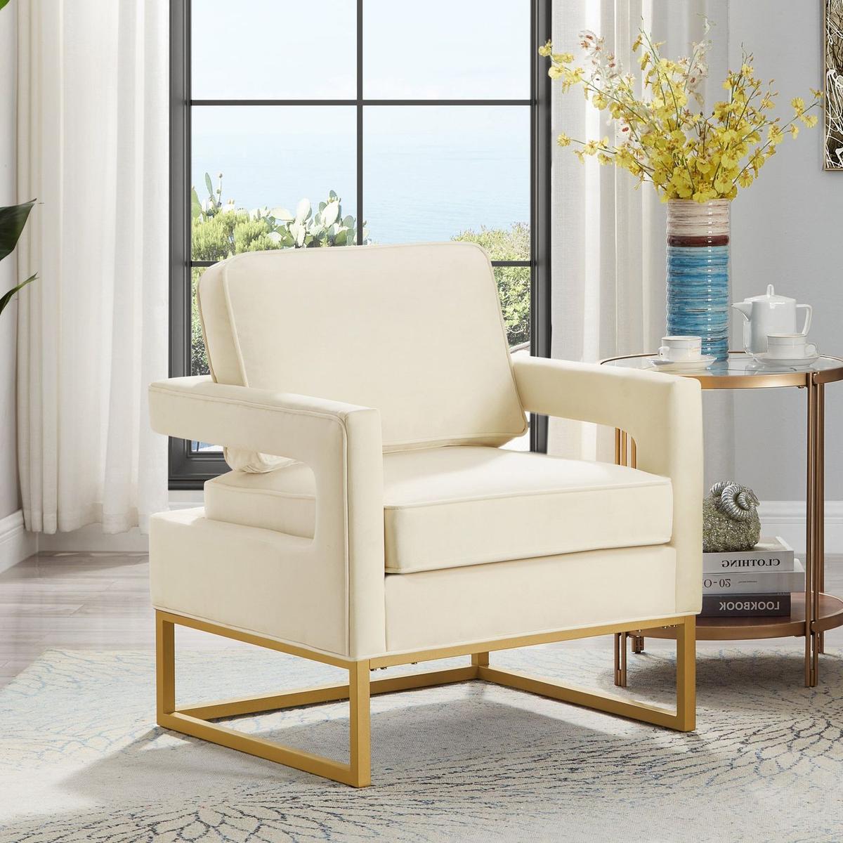 Modern Style Accent Chair with Gold Metal Base, Velvet Upholstered Leisure Chair with Open Armrest, Armchair, Cream