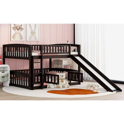 Bunk Bed with Slide,Full Over Full Low Bunk Bed with Fence and Ladder for Toddler Kids Teens Espresso