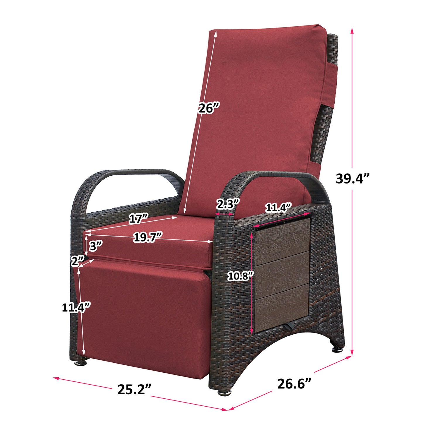 Outdoor Recliner Chair,2 Buckle Adjustment Mechanism Reclining Lounge Chair and Removable Soft Cushion, with Modern Armchair and Ergonomic for Home, Sunbathing or Relaxation (Brown + Red)