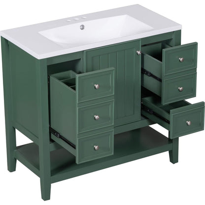 36" Bathroom Vanity with Sink Combo, One Cabinet and Three Drawers, Solid Wood and MDF Board, Green