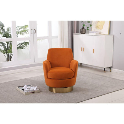 Velvet Swivel Barrel Chair, Swivel Accent Chairs Armchair for Living Room, Reading Chairs for Bedroom Comfy, Round Barrel Chairs with Gold Stainless Steel Base (Orange)