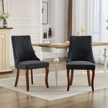 Rayon Cloth Flocking Linen Dining Chairs Channel Kitchen Dinner Chair Comfy Fabric Upholstered Accent Chair for Dining Room with Curved Solid Wood Legs,Set of 2 (Black), SW1847BK