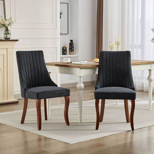 Rayon Cloth Flocking Linen Dining Chairs Channel Kitchen Dinner Chair Comfy Fabric Upholstered Accent Chair for Dining Room with Curved Solid Wood Legs,Set of 2 (Black), SW1847BK