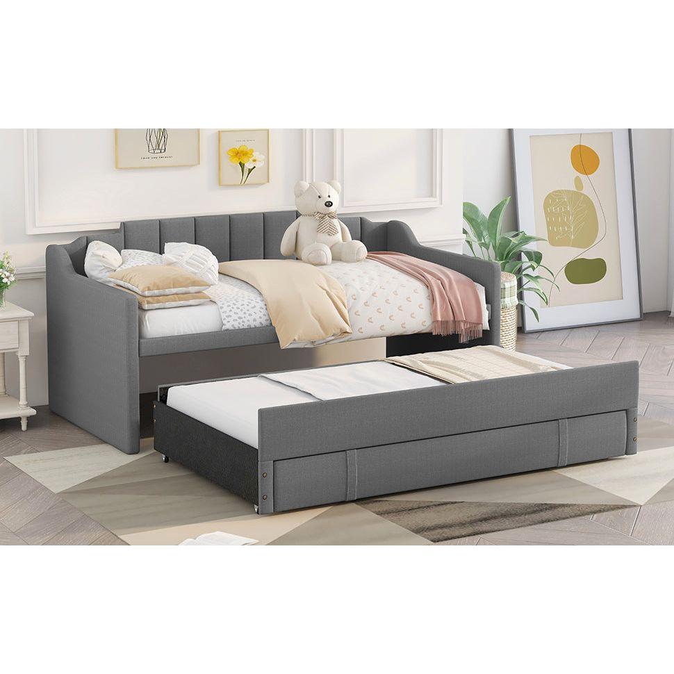 Twin Size Upholstered Daybed with Trundle and Three Drawers,Grey