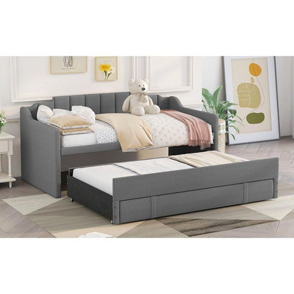 Twin Size Upholstered Daybed with Trundle and Three Drawers,Grey