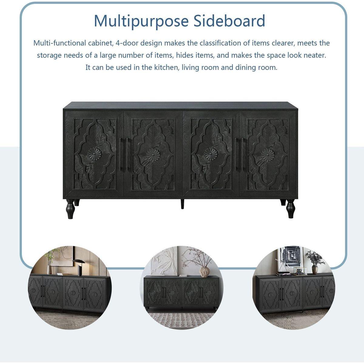 Carved Flower Door Large Storage Cabinet With Metal Handle Suitable For Living Room, Kitchen, Entryway(BLACK)