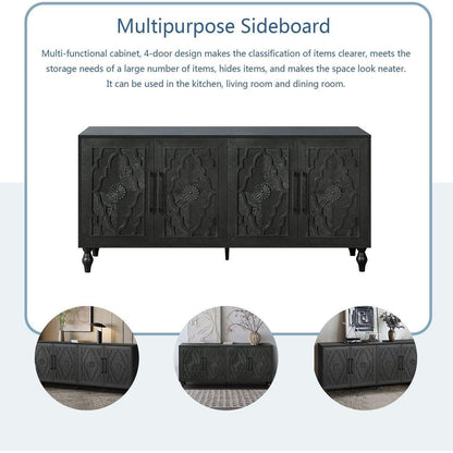 Carved Flower Door Large Storage Cabinet With Metal Handle Suitable For Living Room, Kitchen, Entryway(BLACK)