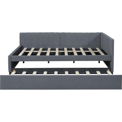 Full Size Upholstered Daybed with Trundle Sofa Bed Frame No Box Spring Needed, Linen Fabric(Gray)