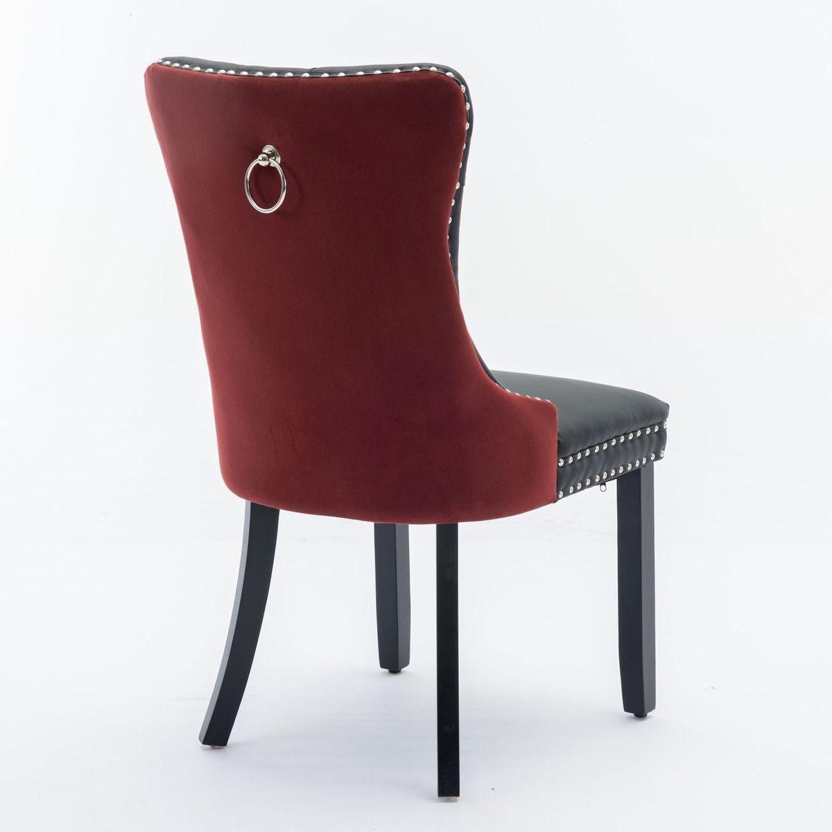 Nikki Collection Modern, High-end Tufted Solid Wood Contemporary PU and Velvet Upholstered Dining Chair with Wood Legs Nailhead Trim 2-Pcs Set, Black+WineRed, Burgundy