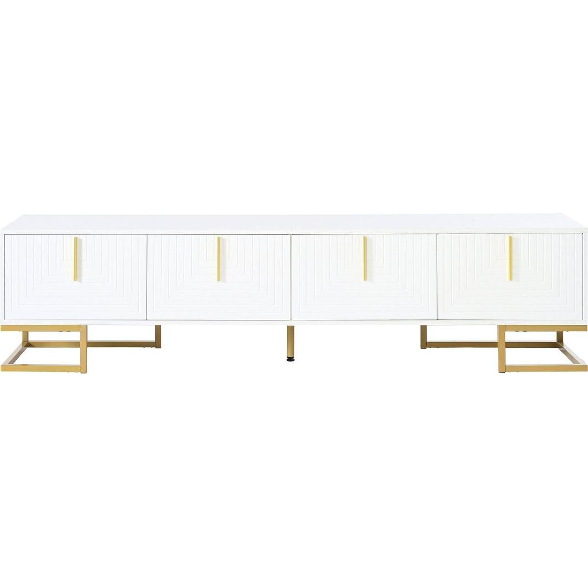 Modern TV Stand with Metal Legs and Gold Handles for TVs Up to 80", Media Console Table with Cabinets and Adjustable Shelves, Luxury TV Cabinet with Geometric Lines for Living Room, White