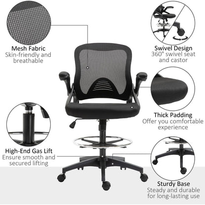 Vinsetto Mesh Drafting Chair, Tall Office Chair with Lumbar Support, Flip-Up Armrests, Footrest Ring and Adjustable Seat Height, Black