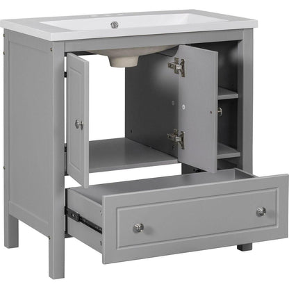 30" Bathroom Vanity with Sink, Bathroom Storage Cabinet with Doors and Drawers, Solid Wood Frame, Ceramic Sink, Grey