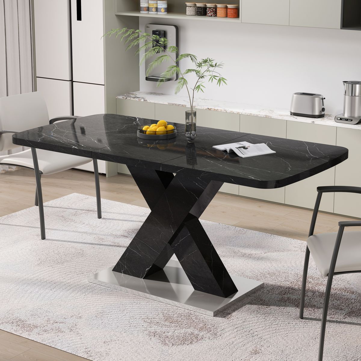 Modern Square Dining Table,Stretchable,Printed Black Marble Table Top+MDF X-Shape Table Leg with Metal Base (Same SKU:W757S00012)
