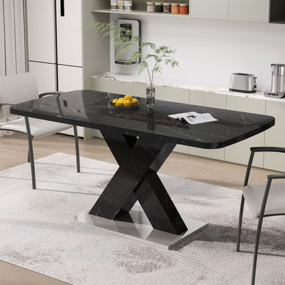 Modern Square Dining Table,Stretchable,Printed Black Marble Table Top+MDF X-Shape Table Leg with Metal Base (Same SKU:W757S00012)