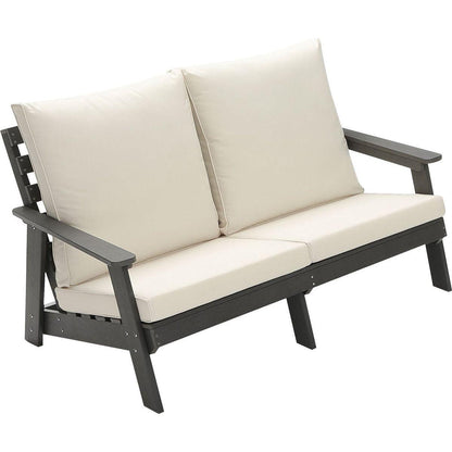HIPS Loveseat with Cushion, Wood Grain Outdoor Garden Sofa, Sofa Set for Porch, Poolside, Terrace, and Yard Grey/Beige