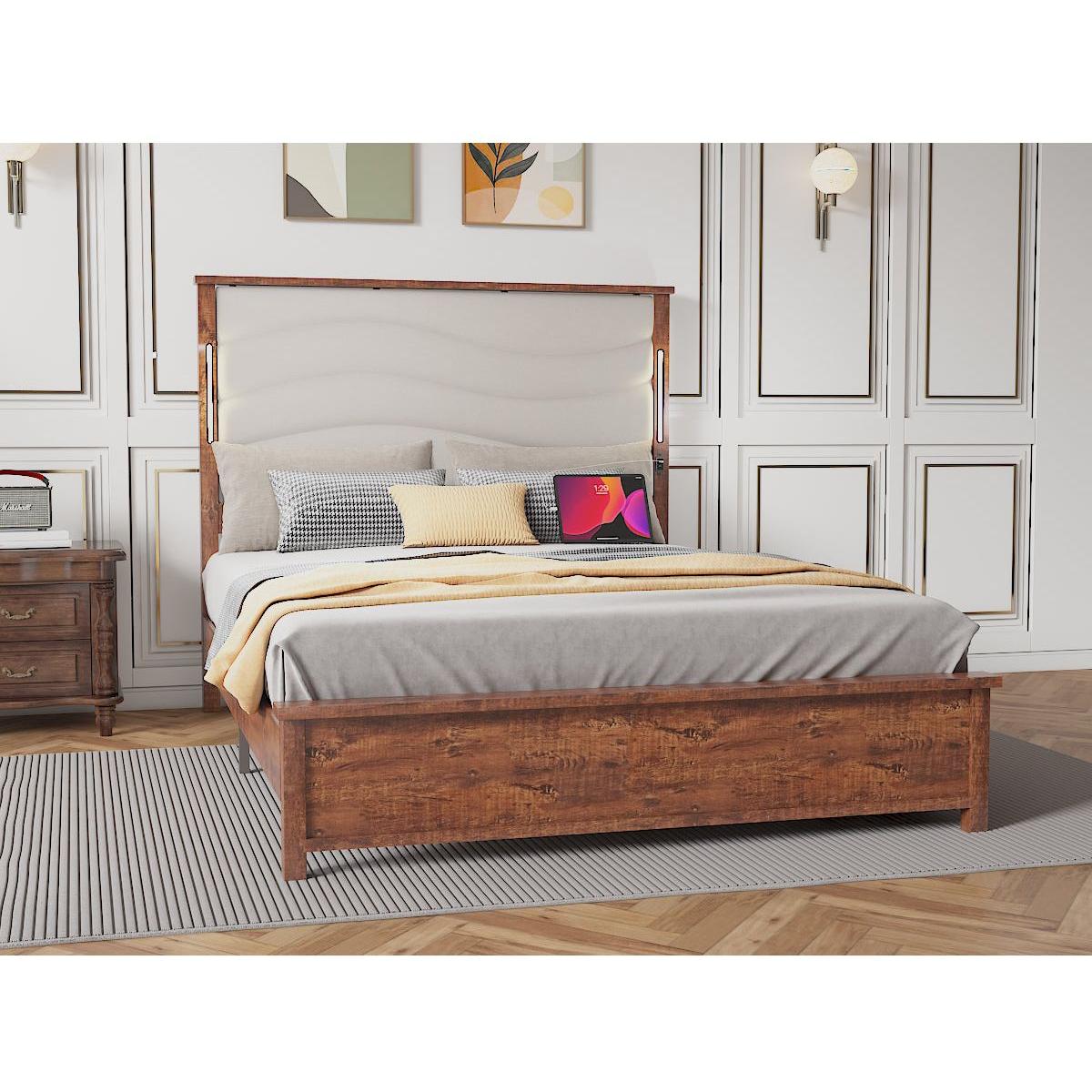 King Size Bed Frame with Upholstered Headboard, King Bed Frame with Charging Station and LED Lights, Wood Slats, Dark Gray Linen, No Box Spring Needed, Easy Assembly
