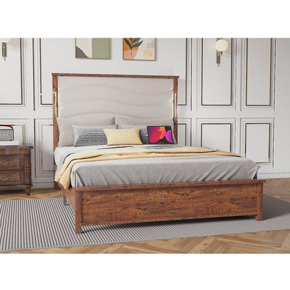 King Size Bed Frame with Upholstered Headboard, King Bed Frame with Charging Station and LED Lights, Wood Slats, Dark Gray Linen, No Box Spring Needed, Easy Assembly