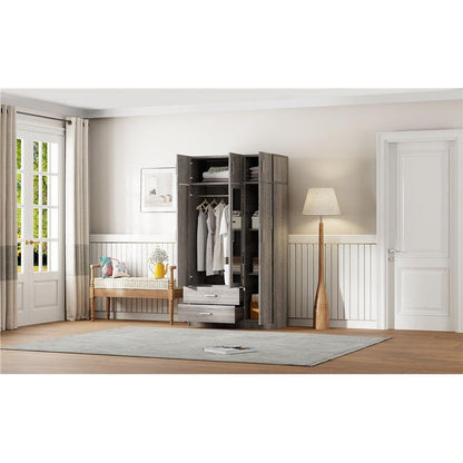 3-Door Mirror Wardrobe with 2 Drawers and Top Cabinet,Gray