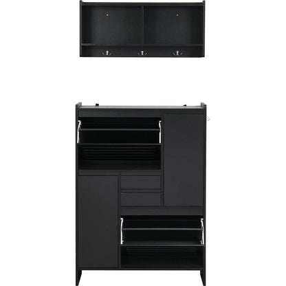 Multi-Functional Shoe Cabinet with Wall Cabinet, Space-saving Design Foyer Cabinet with 2 Flip Drawers, Versatile Side Cabinet for Hallway, Black