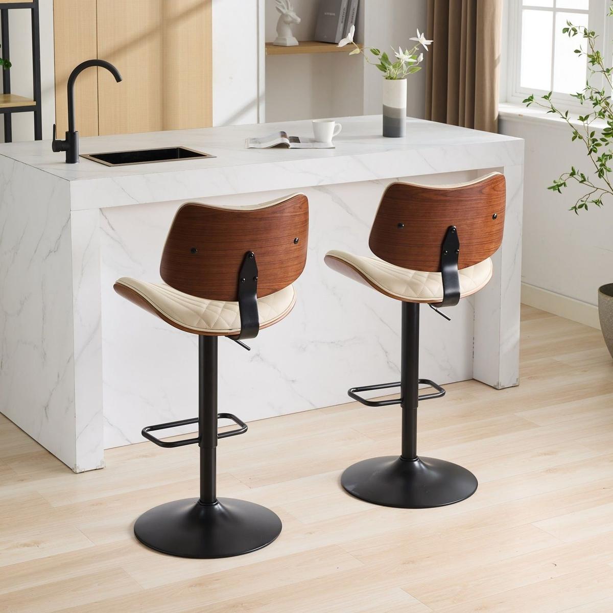 Walnut Bentwood Bar Stools Mid Century Modern Adjustable Counter Height Black Leather Upholstered 360Swivel Bar Chairs for Kitchen Island/Dining Room/Cafe, 1 chair/1carton,Beige