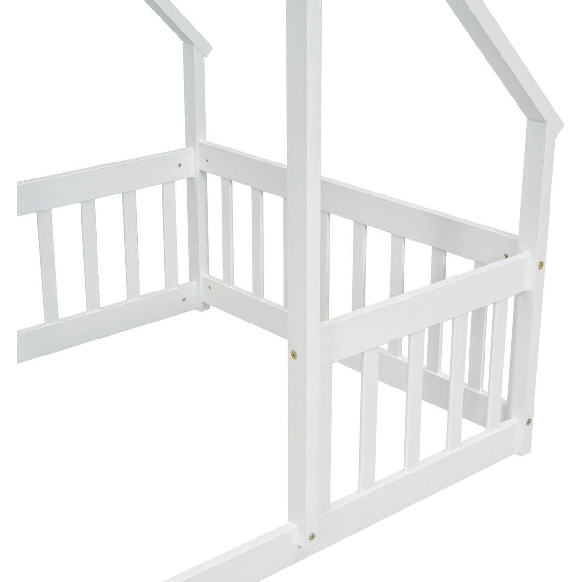 Twin Wood House-Shaped Floor Bed with Fence, Guardrails, White