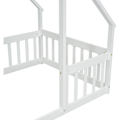Twin Wood House-Shaped Floor Bed with Fence, Guardrails, White