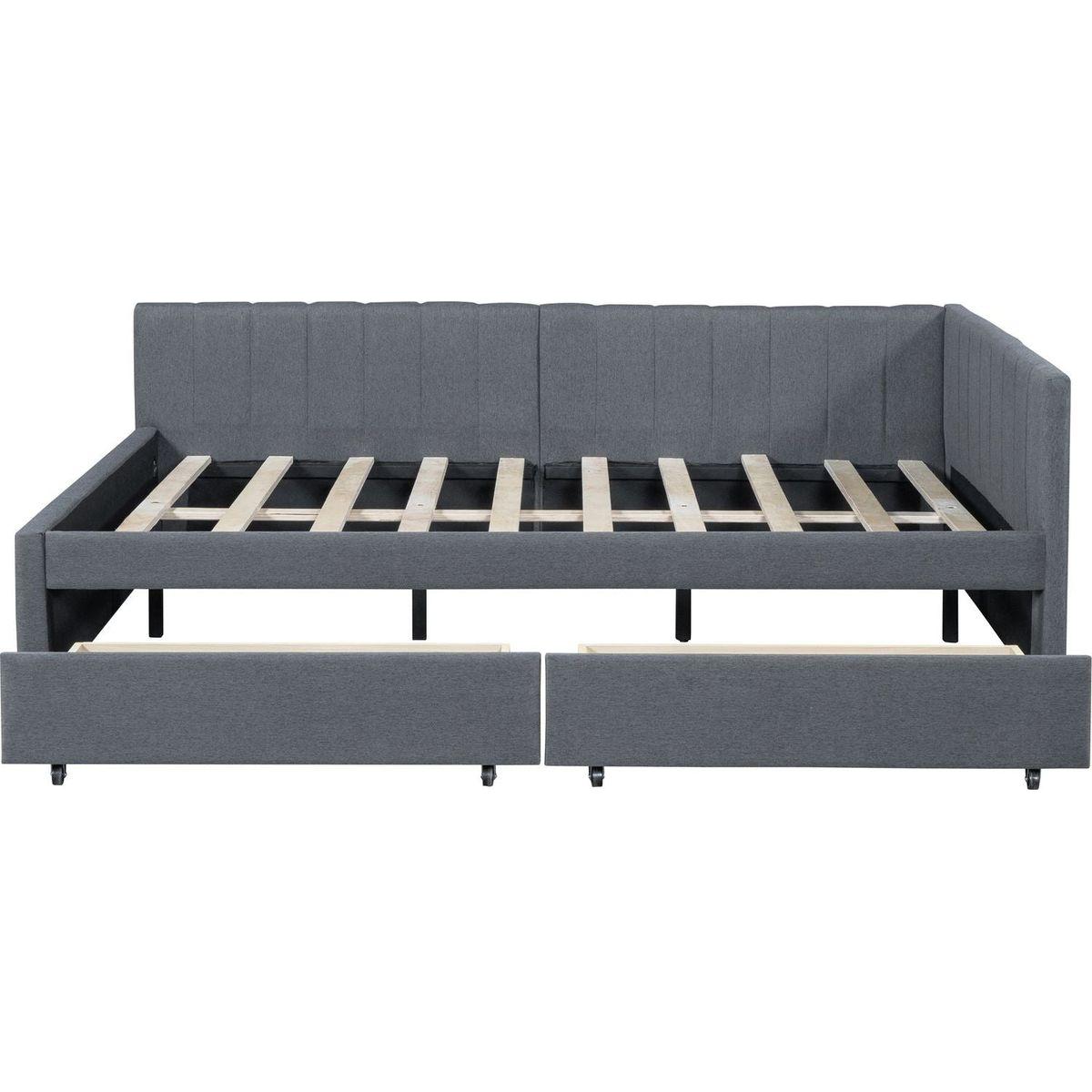 Full Size Upholstered Daybed with 2 Storage Drawers Sofa Bed Frame No Box Spring Needed, Linen Fabric (Gray)