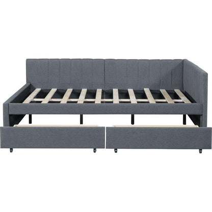 Full Size Upholstered Daybed with 2 Storage Drawers Sofa Bed Frame No Box Spring Needed, Linen Fabric (Gray)